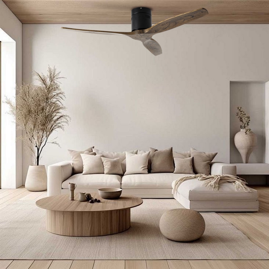 ZEVENTI - Ventilador de tecto SPELLO Wi-Fi Tuya preto/carvalho + comando remoto