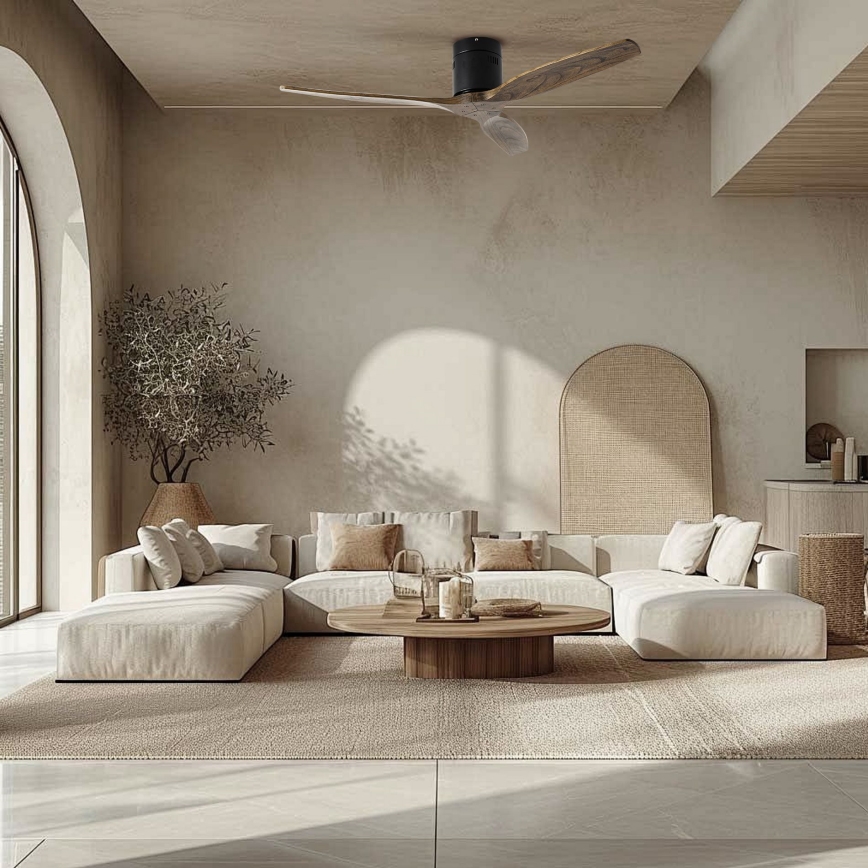 ZEVENTI - Ventilador de tecto SPELLO Wi-Fi Tuya preto/carvalho + comando remoto