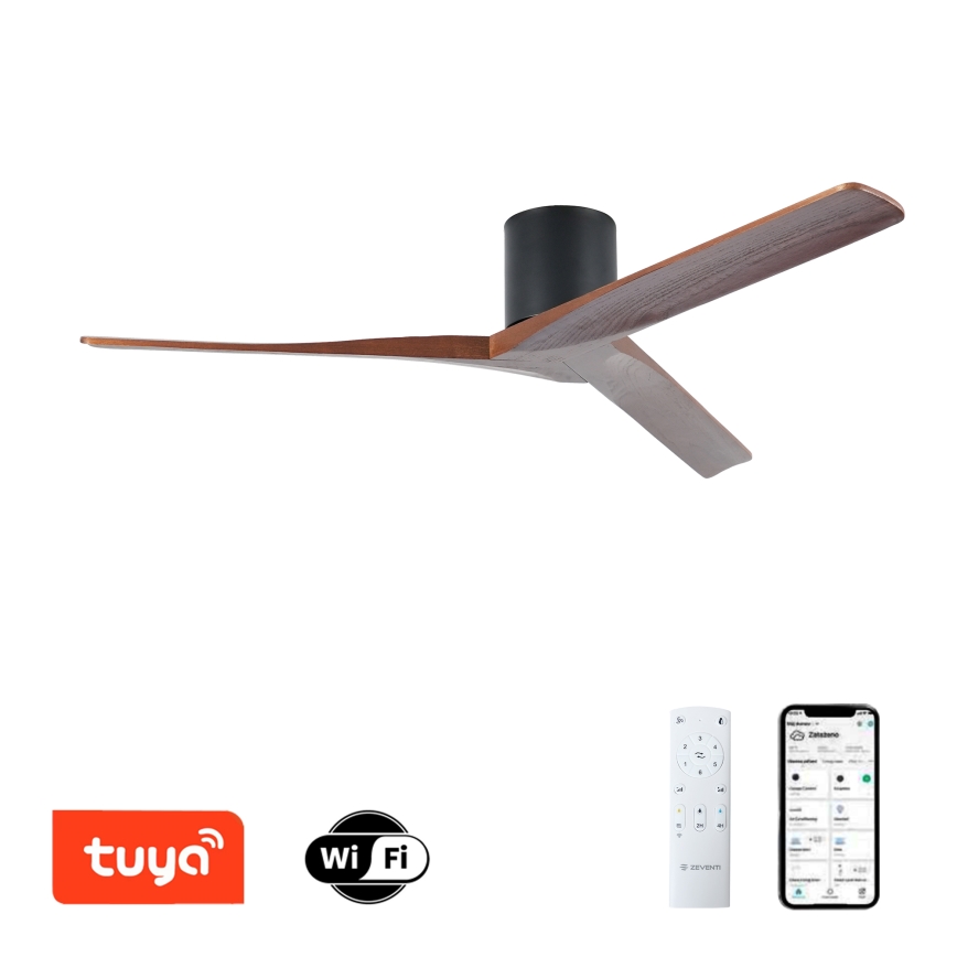 ZEVENTI - Ventilador de teto VELLON Wi‑Fi Tuya preto/nogueira + controlo remoto