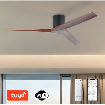 ZEVENTI - Ventilador de teto VELLON Wi‑Fi Tuya preto/nogueira + controlo remoto