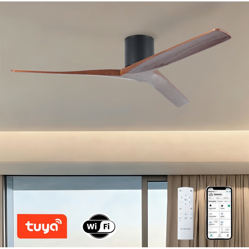 ZEVENTI - Ventilador de teto VELLON Wi‑Fi Tuya preto/nogueira + controlo remoto