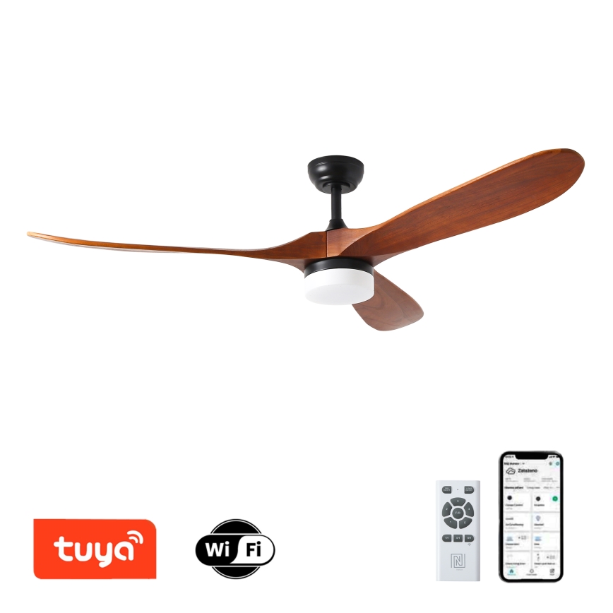 ZEVENTI - Ventilador de teto LED GINOSA LED/18W/230V 3000/4000/6000K Wi-Fi Tuya preto/carvalho + controlo remoto